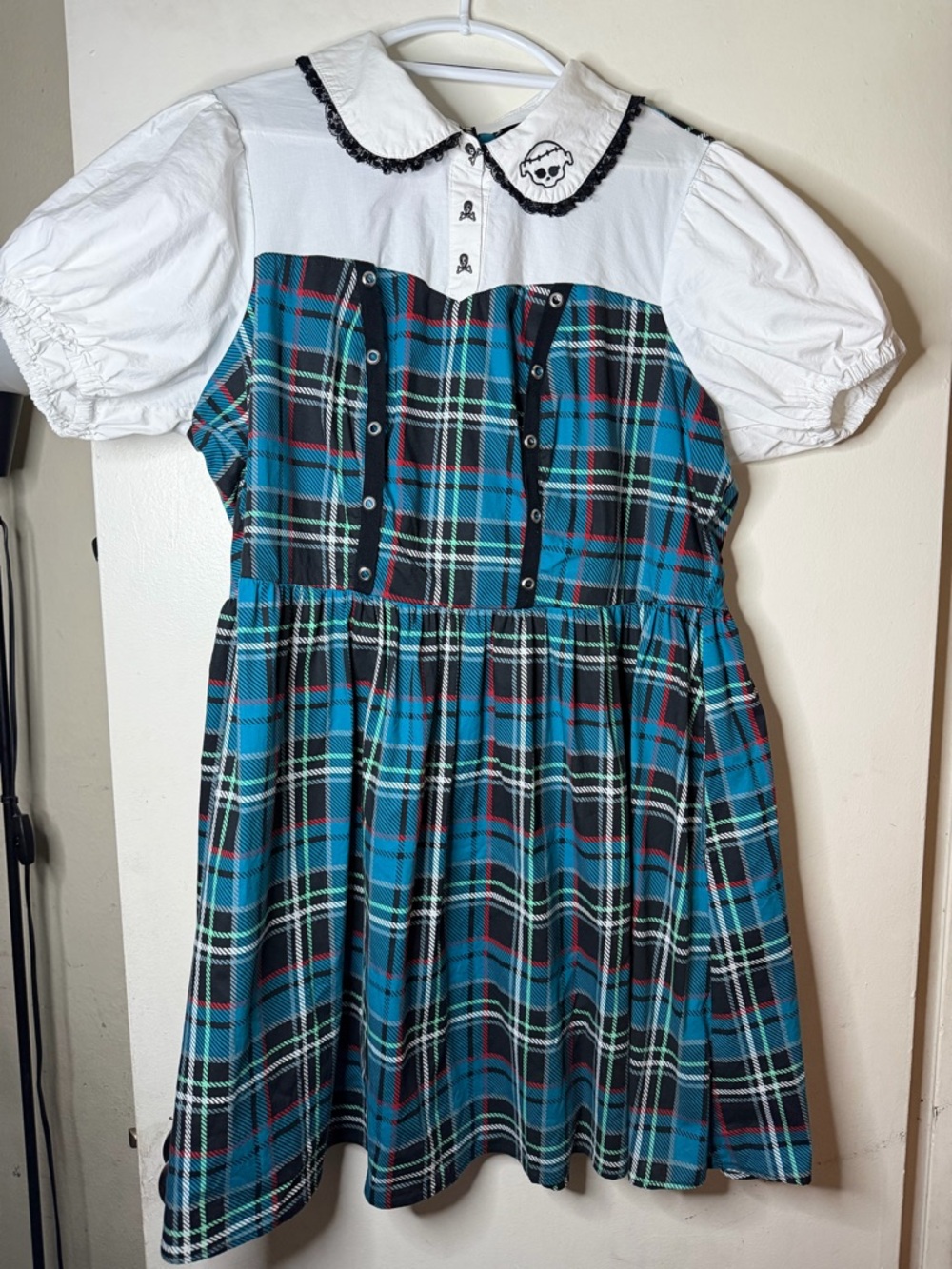 Monster High Plaid Dress Goth Schoolgirl Peter Pan Collar Puff Sleeve Y2K - Picture 3 of 9